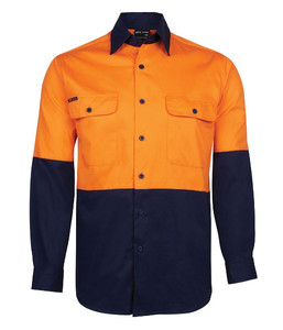 Shirts: 6HWSL JB's Hi-Vis Day Only Long Sleeve 150g Cotton Work Shirt, Orange/Navy, Sizes 3XS to 8XL/9XL - Safety Equipment NZ, Tauranga, Hamilton, Cambridge, Rotorua, BOP