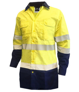 Shirts: 801133 Esko Hi-Vis Day/Night Long Sleeve 155gsm RIPSTOP Cotton Shirt, Yellow/Navy, Sizes XS to 8XL - Safety Equipment NZ, Tauranga, Hamilton, Cambridge, Rotorua, BOP