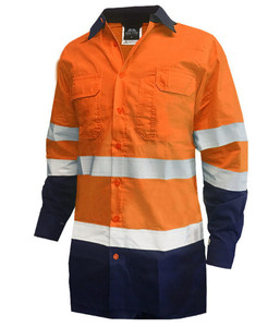 Shirts: 801134 Esko Hi-Vis Day/Night Long Sleeve 155gsm RIPSTOP Cotton Shirt, Orange/Navy, Sizes XS to 8XL - Safety Equipment NZ, Tauranga, Hamilton, Cambridge, Rotorua, BOP