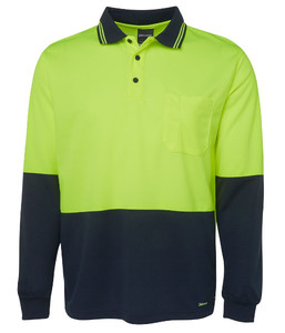 Polos: 6HVPL JB's Hi Vis Long Sleeve Traditional Polo, Lime/Navy, Sizes 2XS to 8XL/9XL - Safety Equipment NZ, Tauranga, Hamilton, Cambridge, Rotorua, BOP