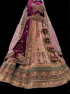 Womens: (Video clip attach)Shades of Purple & pink color velvet based lehnga with heavy handwork with stones & embroidery work fully heavy flared beautiful designer unstitched Bridal lehnga with very heavy embroidered 2 Dupatta and heavy latkans
