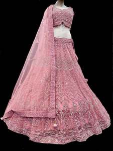Womens: (Video clip attach)size 38(upto 40)fully stitched Rose Pink color engagement /semi bridal lehnga with full of stones & embroidery work heavy multi flared and with very heavy embroidery work netting dupatta and blouse