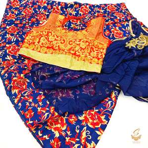 Kids: Red colour stone work blouse with brocade silk lehnga with attached dupatta