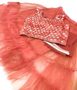 Kids: Dark Flamingo Pink colour netting based stone work beautiful kids lehnga
