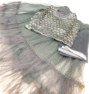 Kids: Dark grey colour netting based stone work beautiful kids lehnga
