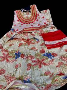 Kids: Golden silk based embroidery & stone work blouse with golden cream colour printed shimmery silk lehnga with dupatta