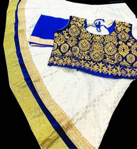 Kids: Royal Blue Colour Velvet Based Stone Work Blouse With Cream Colour Brocade Silk Based Lehnga