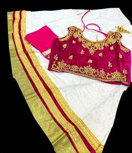 Kids: Purple Pink Colour Velvet Based Stone Work Blouse With Cream Colour Brocade Silk Based Lehnga