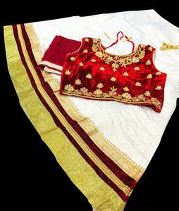 Maroon Colour Velvet Based Stone Work Blouse With Cream Colour Brocade Silk Based Lehnga