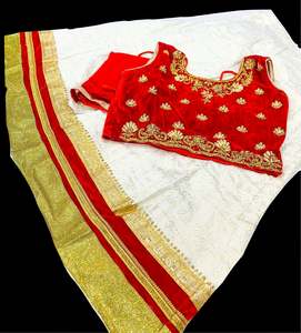 Kids: Red Colour Velvet Based Stone Work Blouse With Cream Colour Brocade Silk Based Lehnga