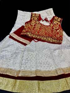 Kids: Maroon Colour Velvet Based Stone Work Blouse With Cream Colour Brocade Silk Based Lehnga