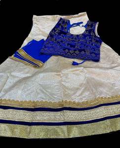 Royal Blue Colour Velvet Based Stone Work Blouse With Cream Colour Brocade Silk Based Lehnga