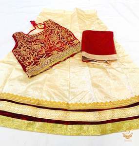 Kids: Maroon Colour Velvet Based Blouse With Embroidery & Stone Work With Golden Brocade Silk Lehnga & Netting Dupatta(few red shades on lehnga)