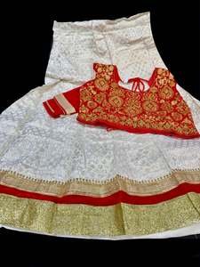 Red Colour Velvet Based Stone Work Blouse With Cream Colour Brocade Silk Based Lehnga