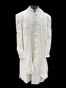 Indo Western: (Video clip attached )Cream color heavy embroidery & sequined work all over with hand work pearl beaded neck, buttons and sleeves design Sherwani and Pants
