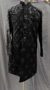 Indo Western: (Video clip attached )Black color based black color heavy embroidery & sequined work all over with hand work pearl beaded neck, buttons and sleeves design Sherwani and black Pants