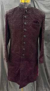 Indo Western: (Video clip attached )Deep Wine color based black color heavy embroidery & sequined work all over with hand work pearl beaded neck, buttons and sleeves design Sherwani and black Pants