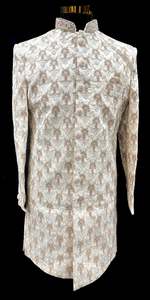 Indo Western: (Video clip attached )Cream gold beige based pastel pink color heavy embroidery & pearl sequined work all over with hand work pearl beaded neck, buttons and sleeves design Sherwani and Pants