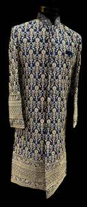 Indo Western: (Video clip attached )Navy Blue color heavy embroidery work all over with hand work pearl beaded neck, buttons and sleeves design Sherwani and Pants