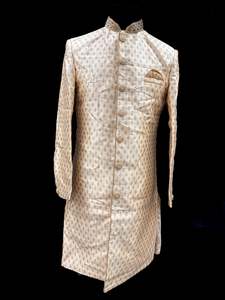 Indo Western: (Video clip attached)Golden Beige silk based heavy embroidery work with all over sequinned work Jacket style Mens classy Indo western with (half sleeves Kurta ) and Pants
