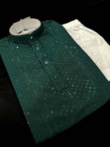 Kids Kurta Pajama: Dark Green color Pure rayon based chikankari with sequined work kids kurta with pajama