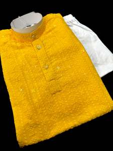 Kids Kurta Pajama: Yellow color Pure rayon based chikankari with sequined work kids kurta with pajama