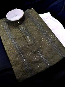 Dark Khaki Green color Pure rayon based chikankari with sequined work kids kurta with pajama