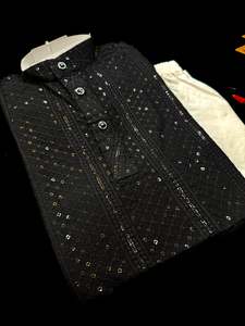 Black color Pure rayon based chikankari with sequined work kids kurta with pajama