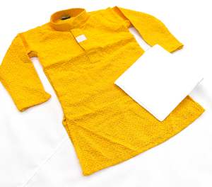 Kids Kurta Pajama: Yellow color Pure rayon based chikankari with sequined work kids kurta with pajama