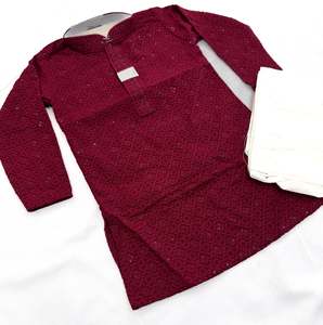 Maroon color Pure rayon based chikankari with sequined work kids kurta with pajama