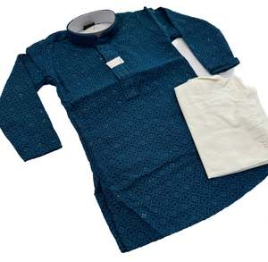 Kids Kurta Pajama: Peacock Blue color Pure rayon based chikankari with sequined work kids kurta with pajama