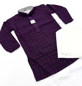 Kids Kurta Pajama: Purple color Pure rayon based chikankari with sequined work kids kurta with pajama