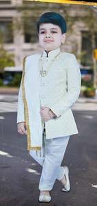 Kids Kurta Pajama: Brocade Silk Based Embroidery work Kids Indo Western (With Mala)With Pants