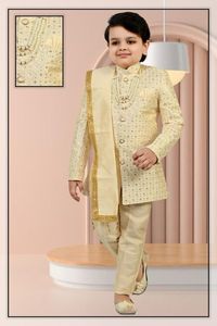 Kids Kurta Pajama: Brocade Silk Based Embroidery work Kids Indo Western (With Mala)With Pants