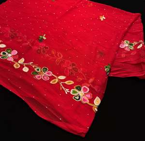 Plain Dupatta: Red color Pure chiffon based soft embroidery work dupatta with fine stores work all over
