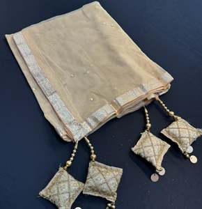 Plain Dupatta: Golden color Netting based stone work design with cushioned tessels & lace work dupatta