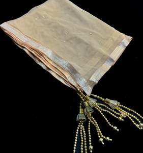 Plain Dupatta: Golden color Netting based stone work design with tessels & lace work dupatta