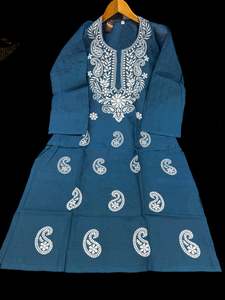 Kurti: Teal color pure cotton based lakhnavi work kurti