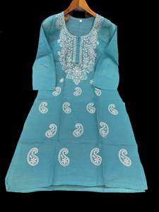 Sky Blue color pure cotton based lakhnavi work kurti