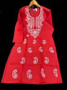 Red color pure cotton based lakhnavi work kurti