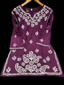 Kurti: Wine color Very very soft Pure Rayon based lakhnavi work kurti