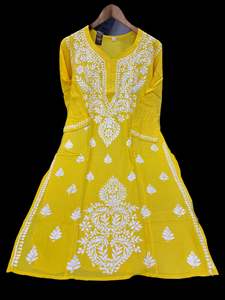 Yellow color Very very soft Pure Rayon based lakhnavi work kurti