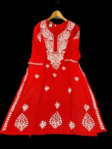 Kurti: Red color Very very soft Pure Rayon based lakhnavi work kurti