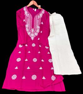 Hot Pink color Very very soft Pure Rayon based lakhnavi work kurti with white co&hellip;
