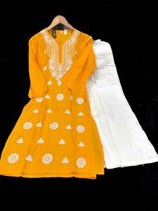 Kurtis With Pant: Mango Yellow color Very very soft Pure Rayon based lakhnavi work kurti with white color cotton based lakhnavi work plazo pants