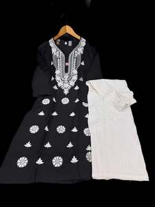 Kurtis With Pant: Black color Very very soft Pure Rayon based lakhnavi work kurti with white color cotton based lakhnavi work plazo pants