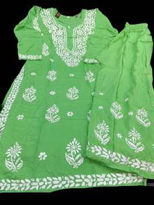 Cool Green color Very very soft Pure Rayon based lakhnavi work kurti with plazo pants