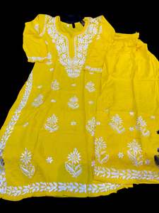 Yellow color Very very soft Pure Rayon based lakhnavi work kurti with plazo pants