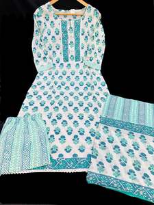 Kurtis With Pant: Pure cotton based printed work kurti with plazo pants & printed cotton dupatta