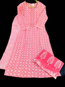 Pure cotton based printed work kurti with plazo pants & printed cotton dupatta